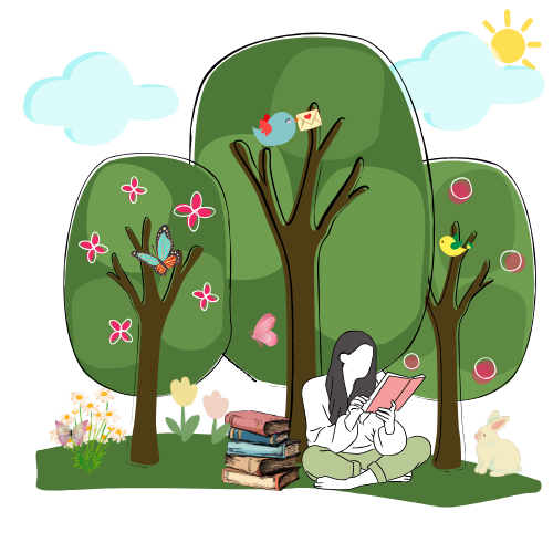 Illustration of woman reading in her garden - Stillth & Story Daily Readings
