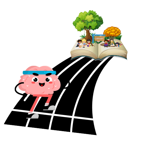 Illustration of a brain running to a library - Stillth & Story Daily Readings