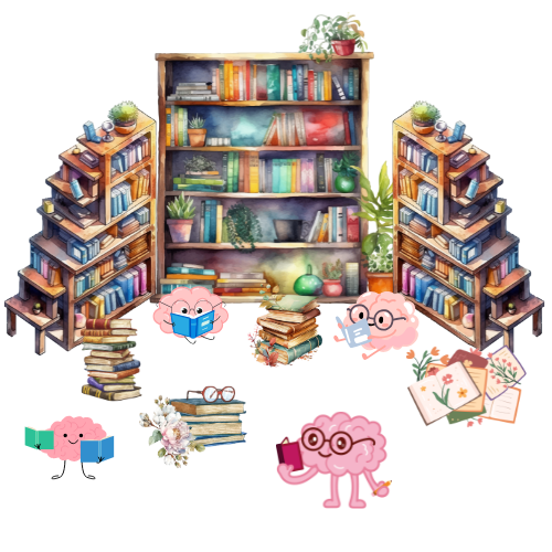Illustration of a library full of reading brains - Stillth & Story Daily Readings